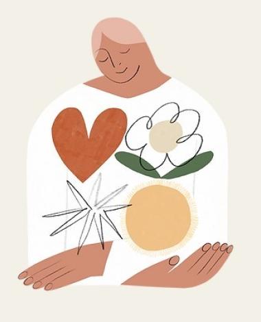 An illustration of a smiling person, sitting calmly and covered in a heart, flower, sun and star. 