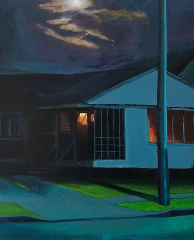 oil painting of a suburban house at night with light out of window