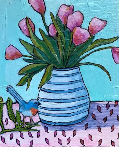 painting of tulips in vase with a tiny bird