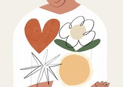 An illustration of a smiling person, sitting calmly and covered in a heart, flower, sun and star. 