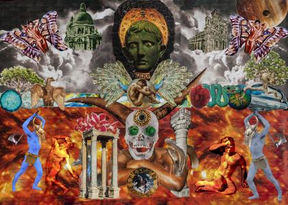 a collage of bodies and faces depicting hell iconography 