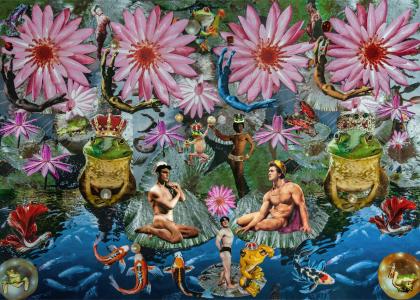 A colourful collage, featuring naked people, water, flowers and frogs. 