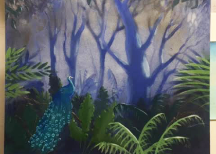 Painting of a peacock in a forest setting. 