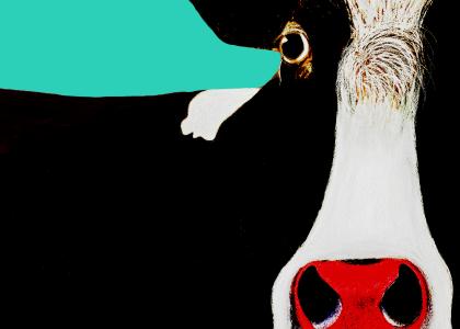 Painting of a closeup of a cow with a strong turquoise background