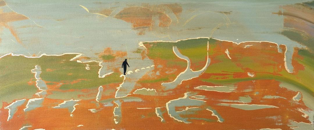 small figure walking in a rust colored delta