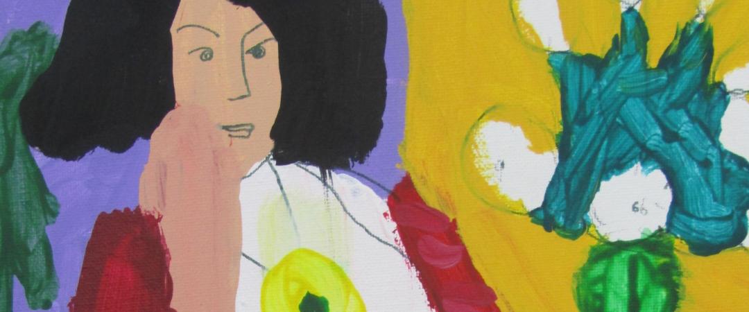 colourful painting of a lady sitting down with abstract elements