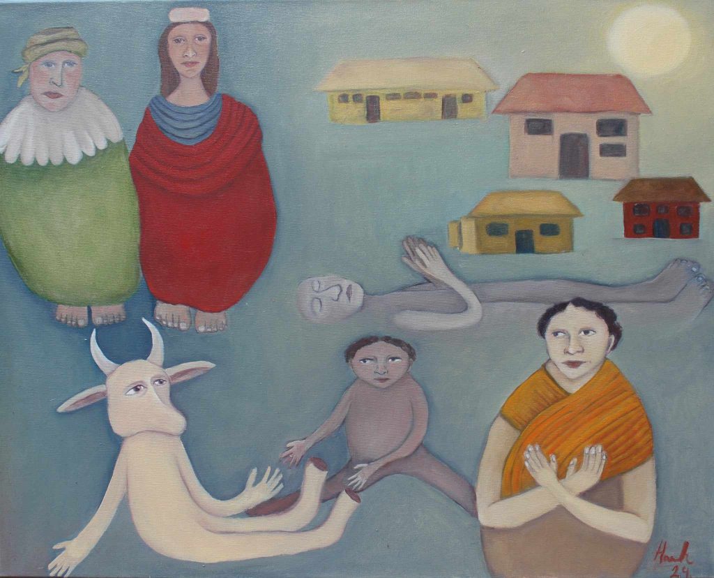 Painting of people in a village lounging on blue ground with a cow,